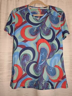 Reel Legends Short Sleeve Tee in Teal, Aqua & Red Swirl Print